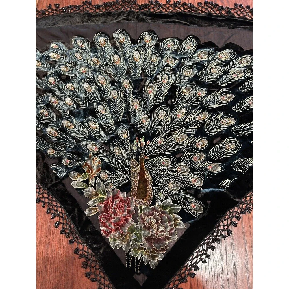 Exquisite PEACOCK Velvet Burnout V Tie Scarf Wrap Shawl - Picture 6 of 10